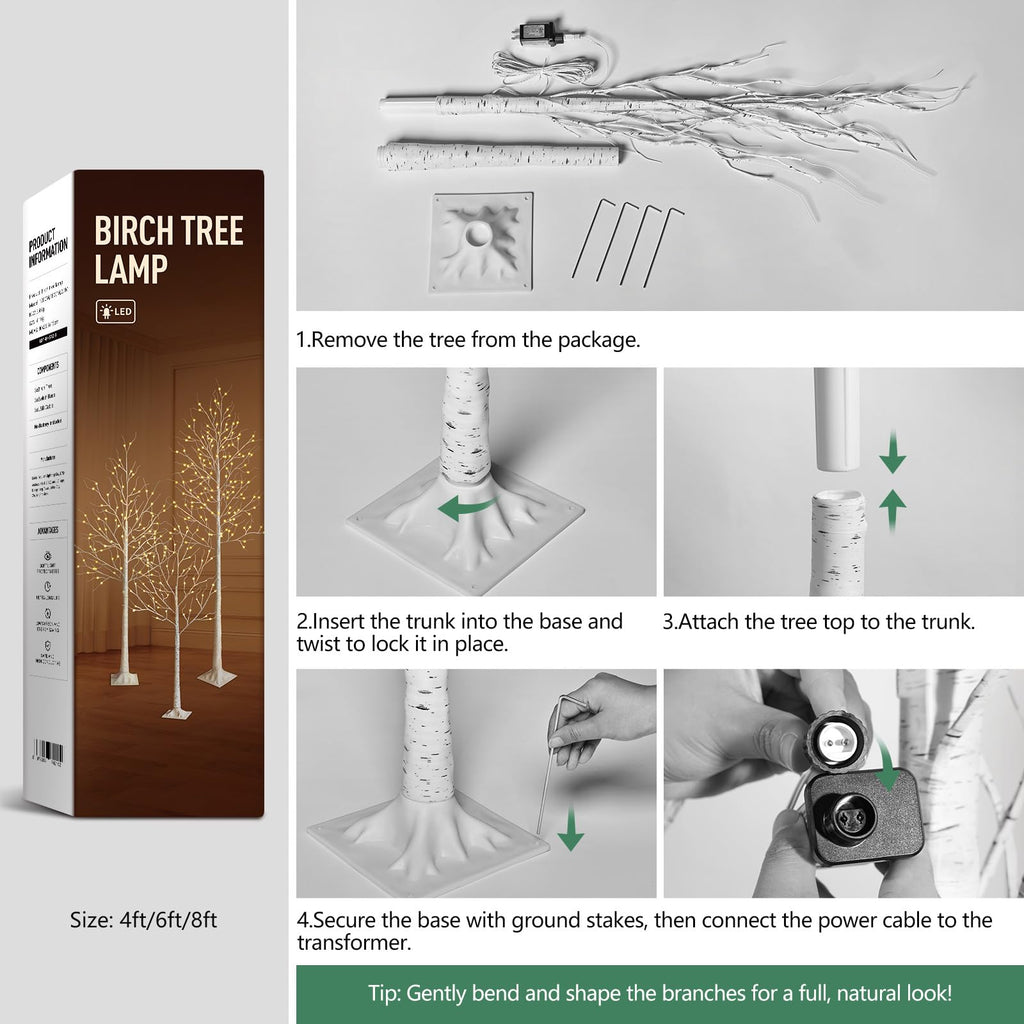 White Birch Tree with Lights Set of 3 Christmas Decorations with Warm White Lights S98570
