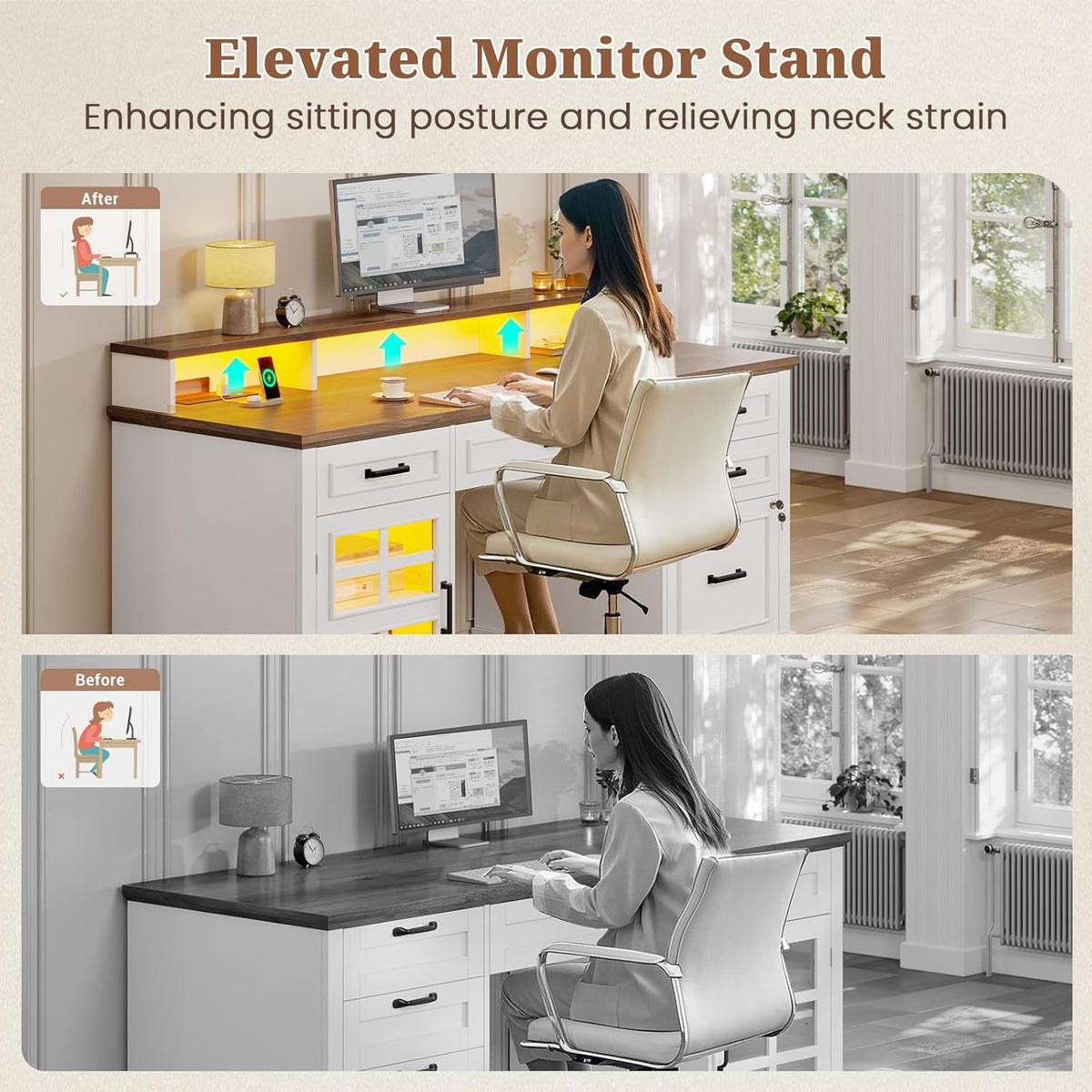 White Wood Executive Desk with Drawers and Storage Cabinet E747443