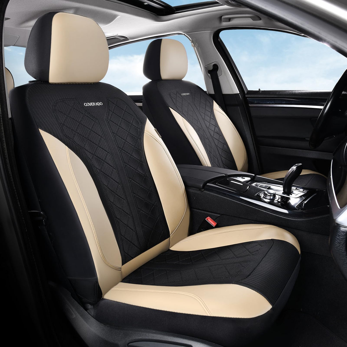 Beige 5-Piece PU Leather Mesh Car Seat Covers H55412