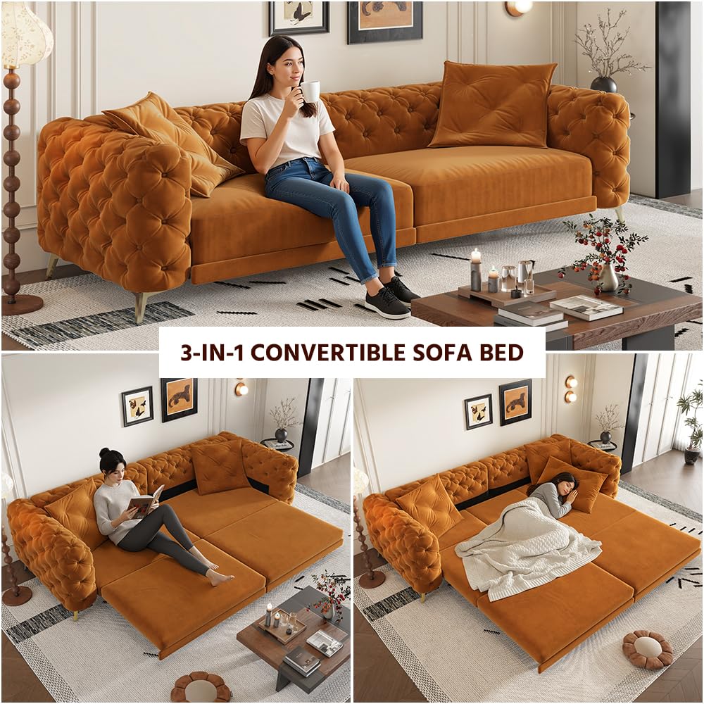 Orange Velvet Convertible Sleeper Sofa with Ottoman B92787