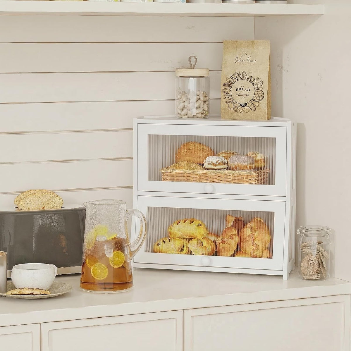 White Double Layer Bamboo Corner Bread Box I96866
