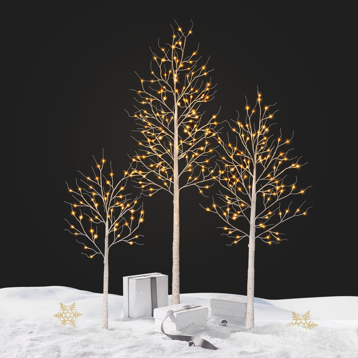 White Birch Tree with Lights Set of 3 Christmas Decorations with Warm White Lights S98570