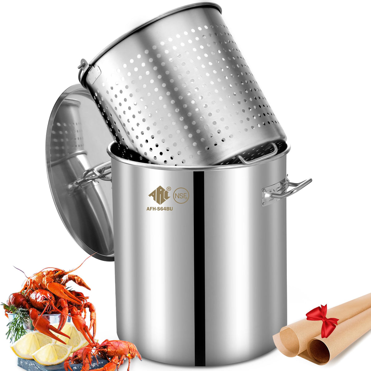 64 QT Stainless Steel Seafood Boil Pot with Basket L777