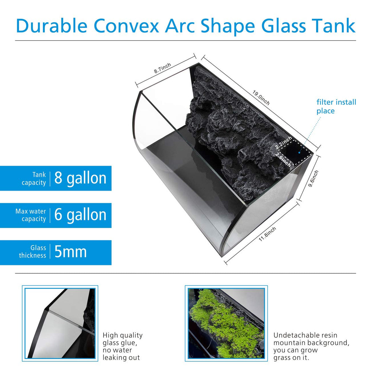 8 Gallon LED Glass Aquarium Kit with 3D Rockery Background D365859