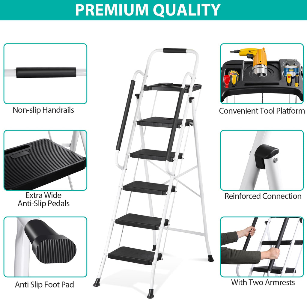 5 Step White Foldable Steel Step Stool with Handrail R9628
