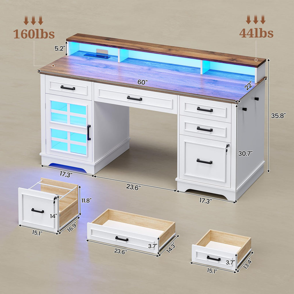 White Wood Executive Desk with Drawers and Storage Cabinet E747443