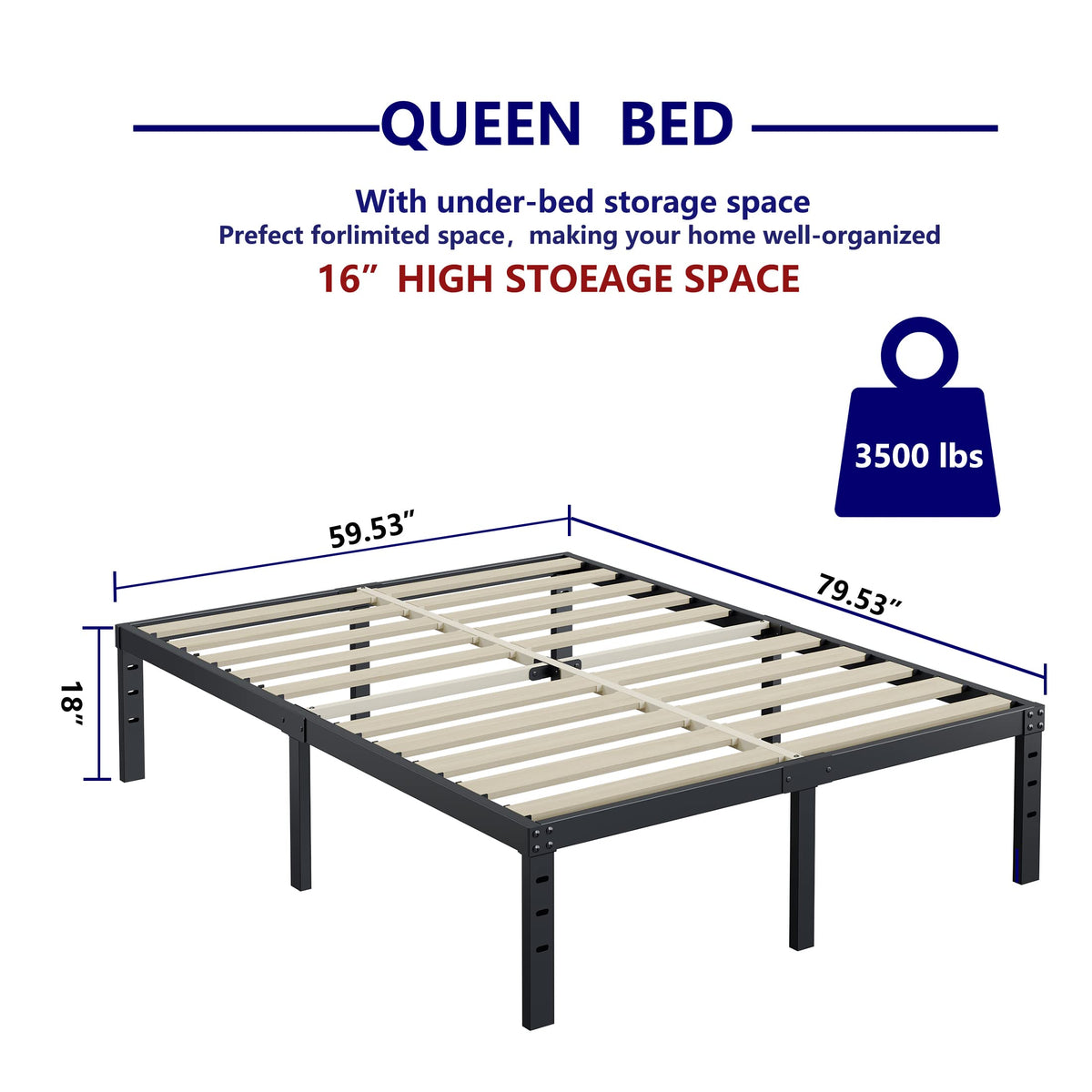 Queen Size 18 Inches Tall Metal Platform Bed Frame J769