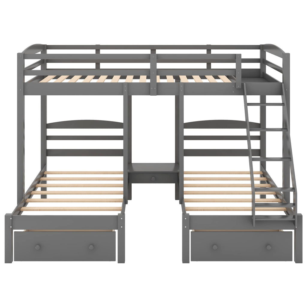 Full Over 2 Twin Wood Triple Bunk Bed with 3 Drawers and Guardrails A923533