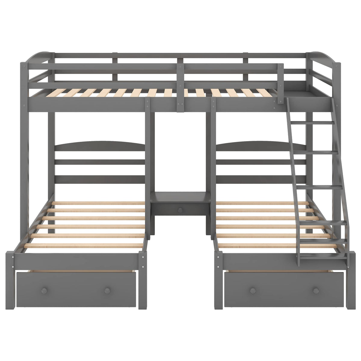 Full Over 2 Twin Wood Triple Bunk Bed with 3 Drawers and Guardrails A923533