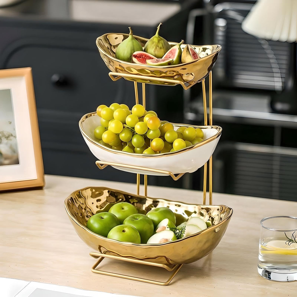 3-Tier Gold Fruit Bowl & Tray with Metal Stand I458080