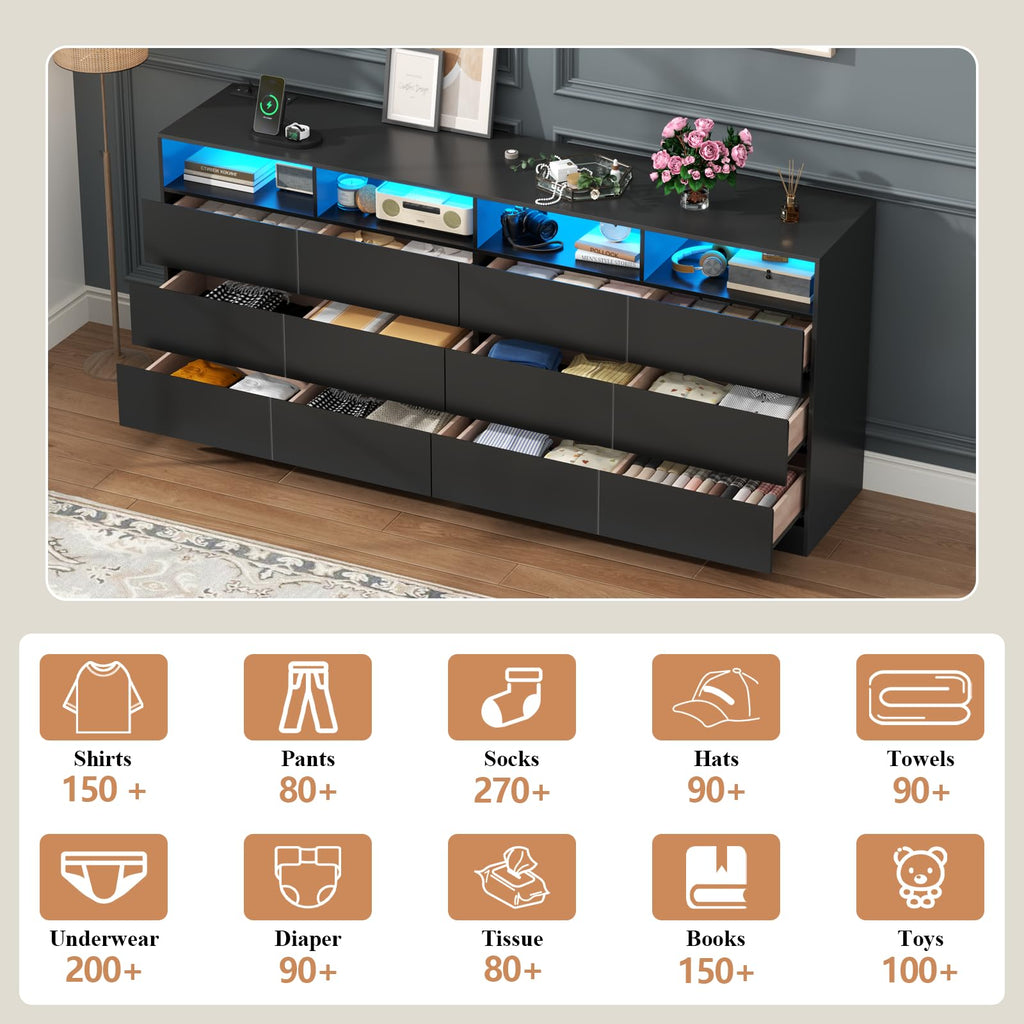 Black 12-Cell Divided Drawers Dresser with Charging Station Q898695