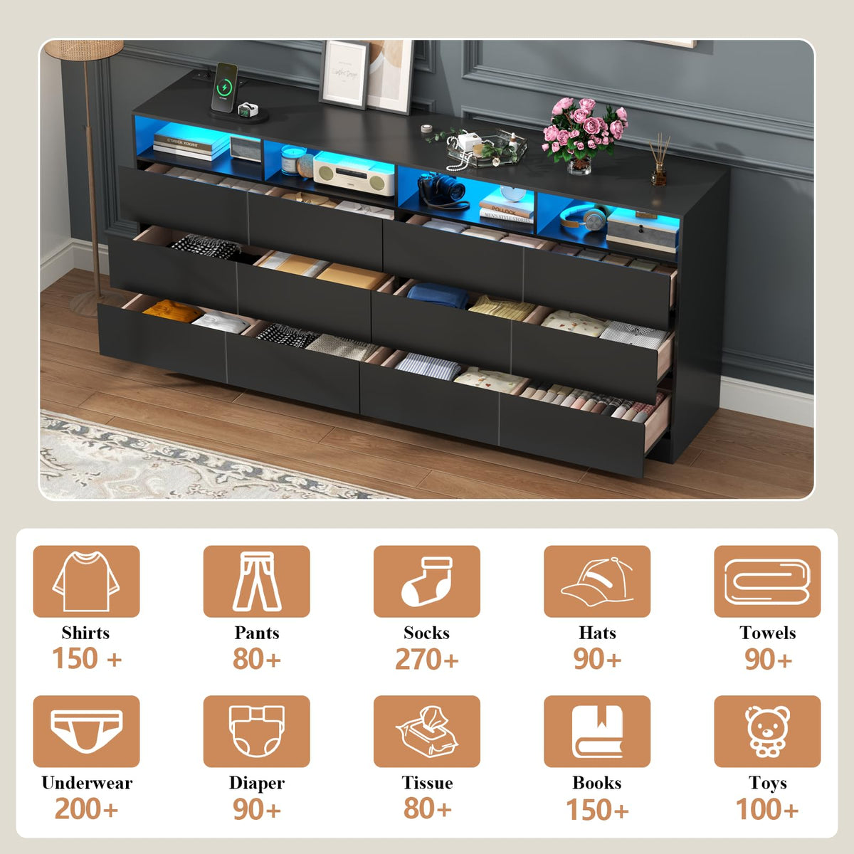 Black 12-Cell Divided Drawers Dresser with Charging Station Q898695
