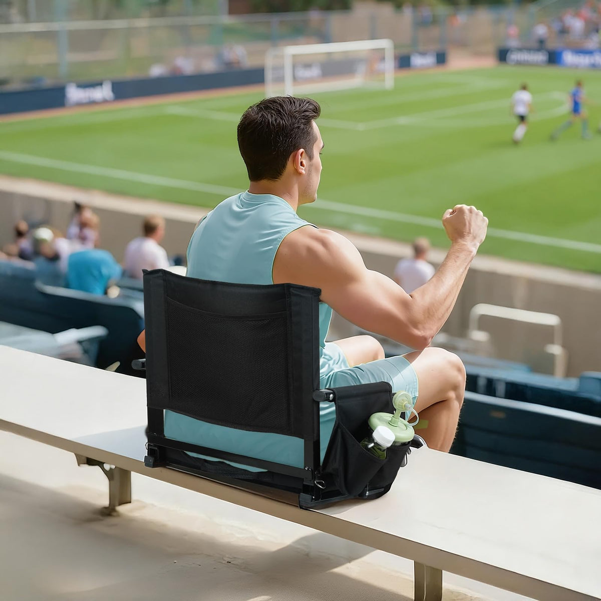 2 Pcs Folding Stadium Seat with Back Support and Cup Holder Black H2484