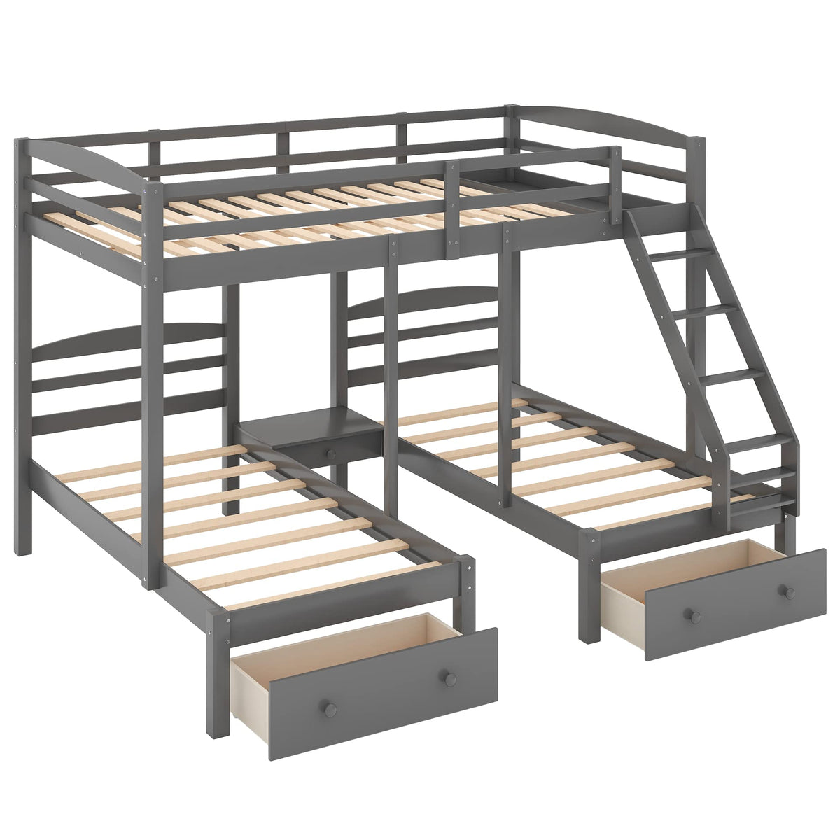 Full Over 2 Twin Wood Triple Bunk Bed with 3 Drawers and Guardrails A923533