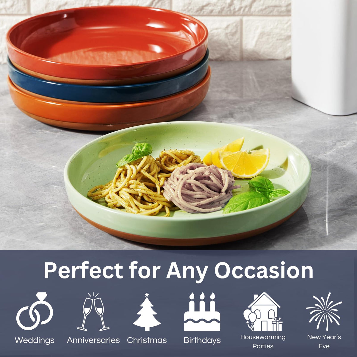 Ceramic Flat Pasta Bowl Plate Set of 4, 35oz Microwave Safe L437702