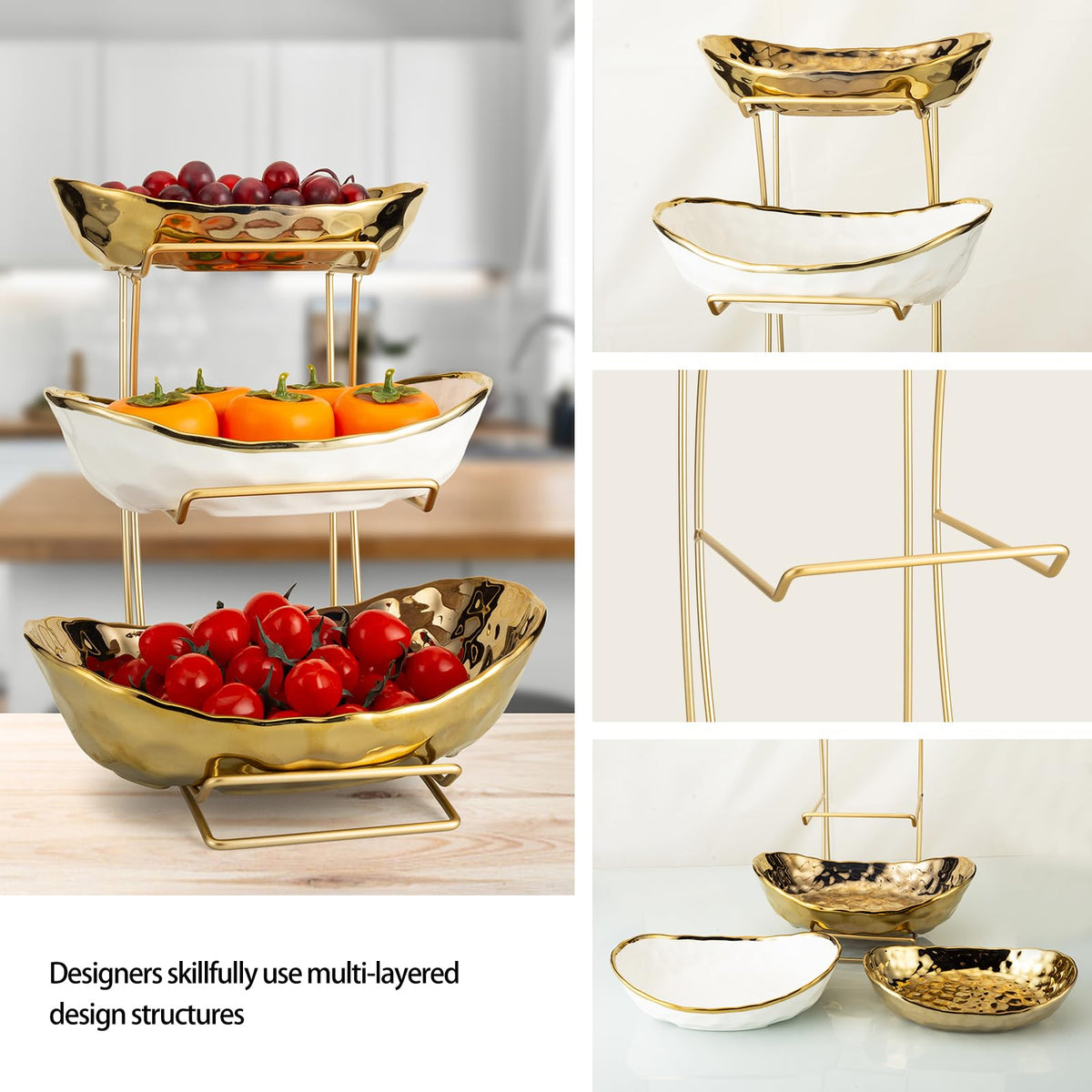 3-Tier Gold Fruit Bowl & Tray with Metal Stand I458080
