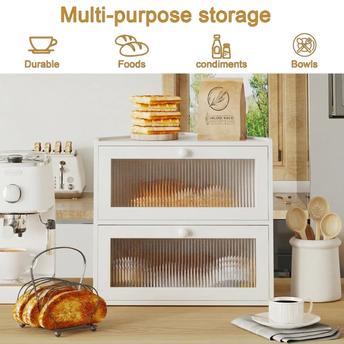 White Double Layer Bamboo Corner Bread Box I96866