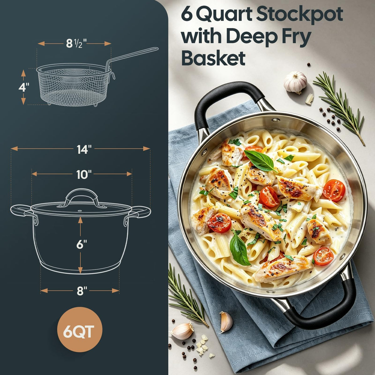 6 Quart Stainless Steel Deep Fryer Pot with Basket I6079