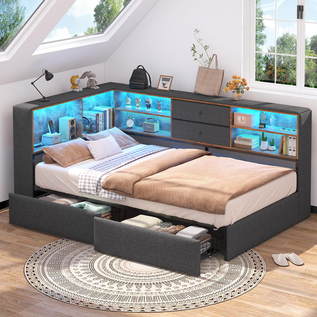 Twin Corner Bed Frame with Storage Drawers S680281