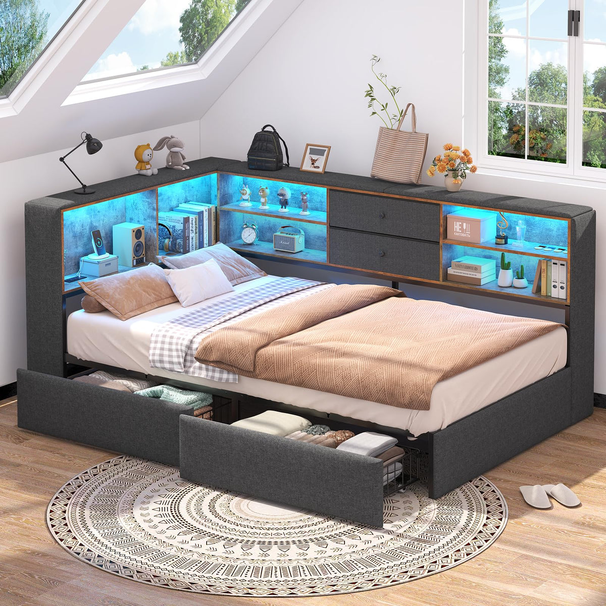 Twin Corner Bed Frame with Storage Drawers S680281
