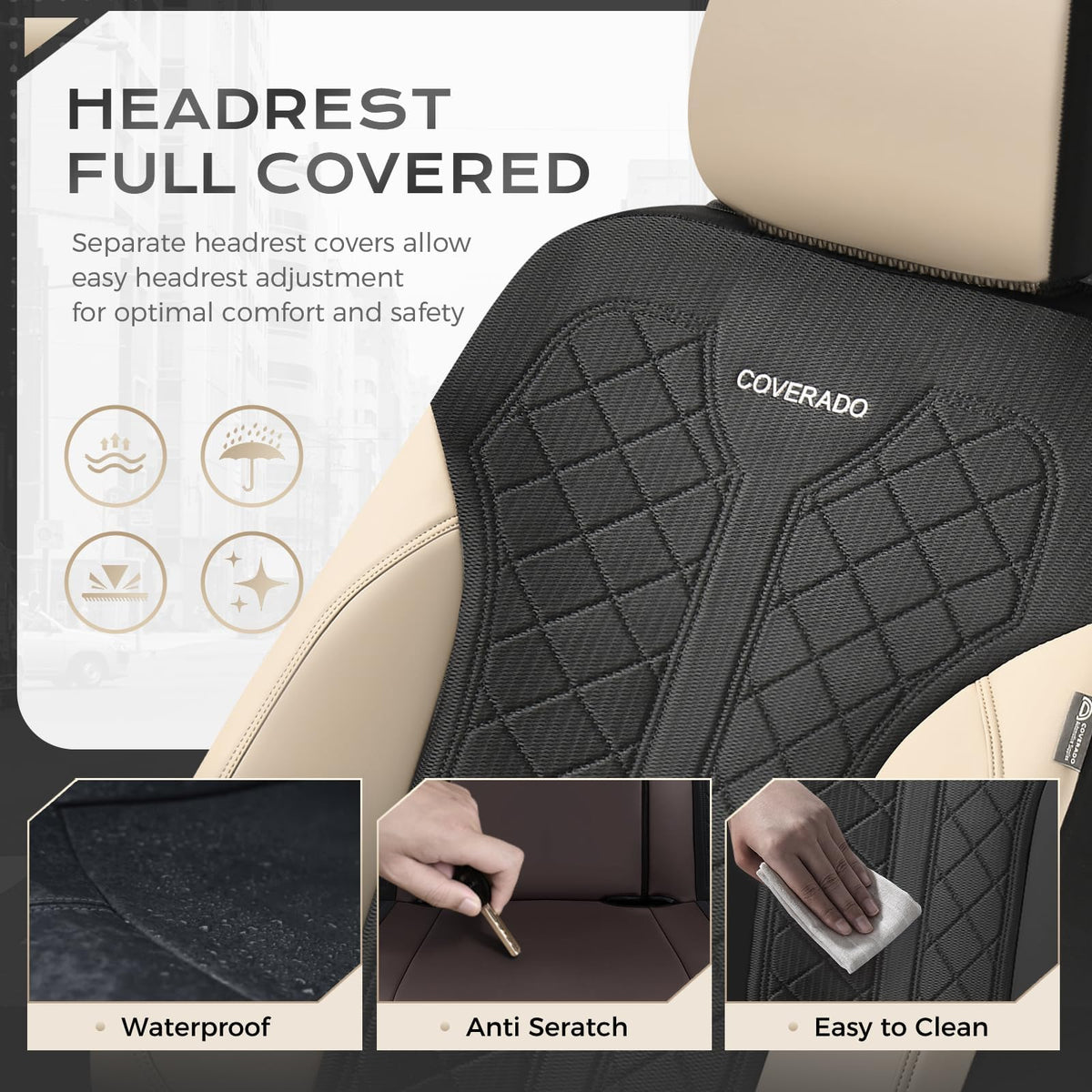 Beige 5-Piece PU Leather Mesh Car Seat Covers H55412