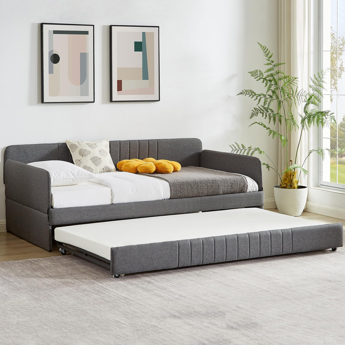 Twin Size Gray Linen Upholstered Daybed with Trundle C385