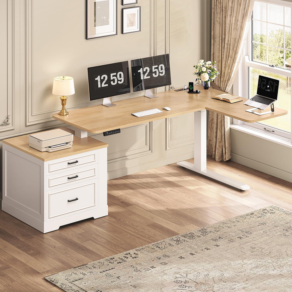 L Shaped Height Adjustable Standing Desk with 3 Drawers H263552