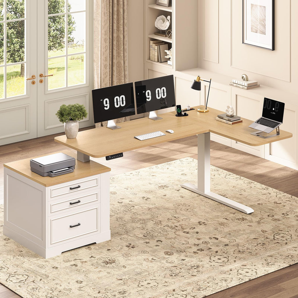 L Shaped Height Adjustable Standing Desk with 3 Drawers H263552
