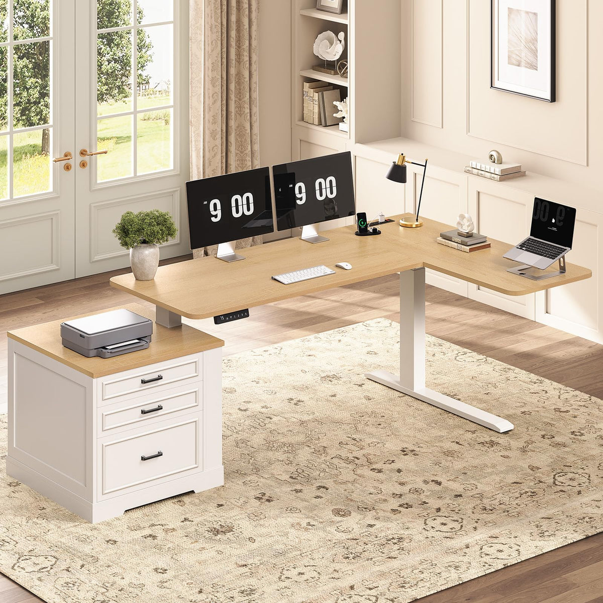 L Shaped Height Adjustable Standing Desk with 3 Drawers H263552