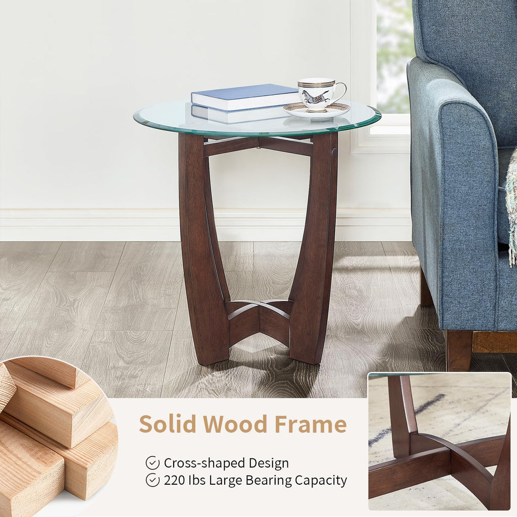 Round Glass End Table with Wood Base B45266