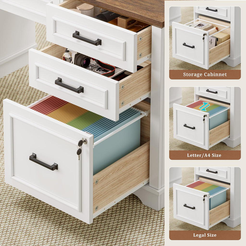 White Wood Executive Desk with Drawers and Storage Cabinet E747443