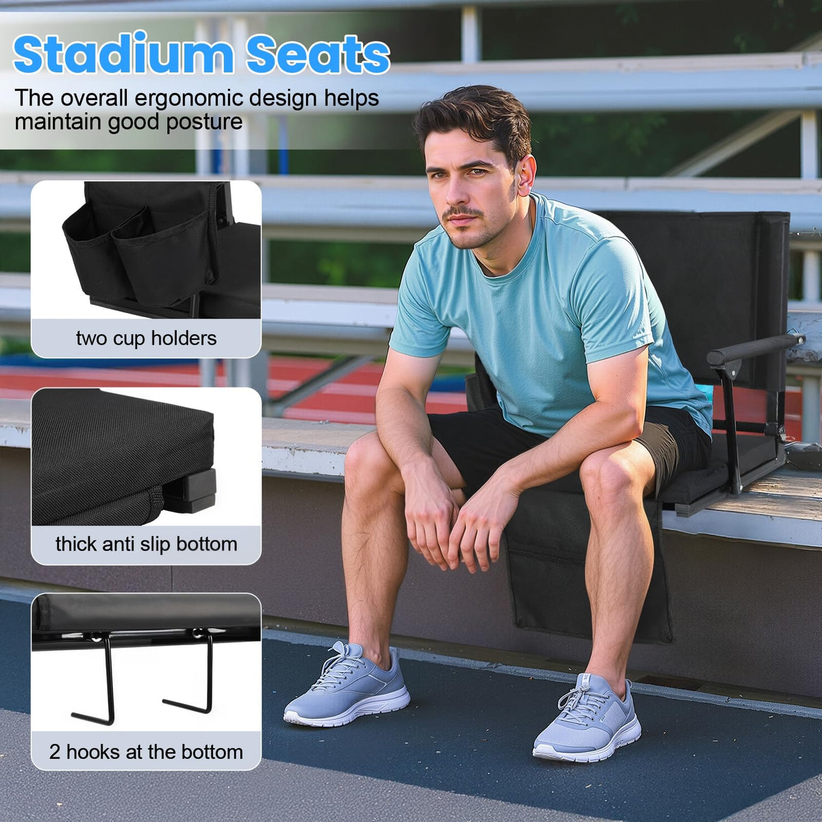 2 Pcs Folding Stadium Seat with Back Support and Cup Holder Black H2484