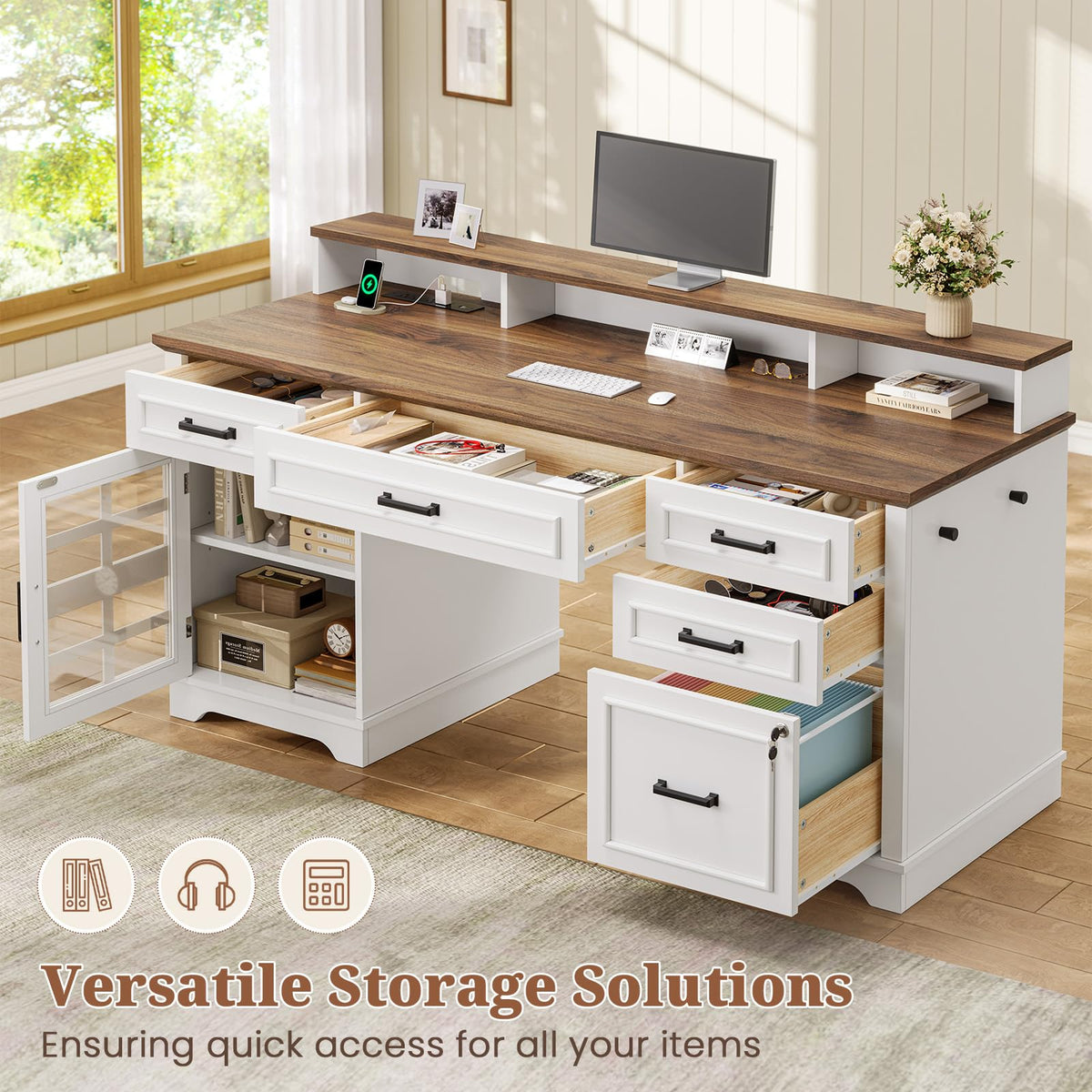 White Wood Executive Desk with Drawers and Storage Cabinet E747443