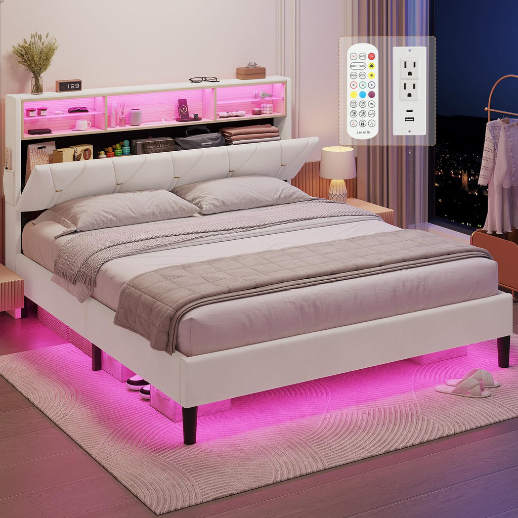 Full Size Bed Frame with Storage Headboard and LED Lights Y77928