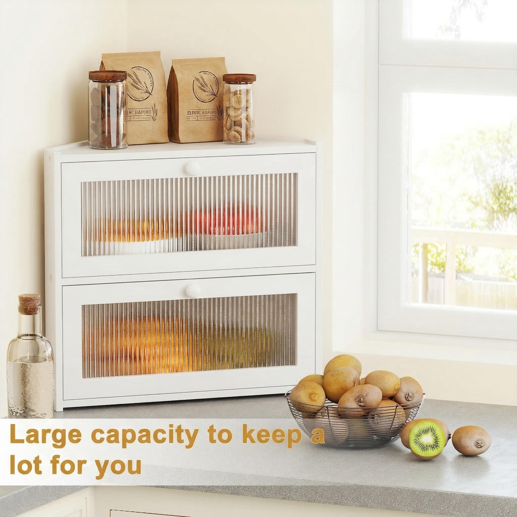 White Double Layer Bamboo Corner Bread Box I96866