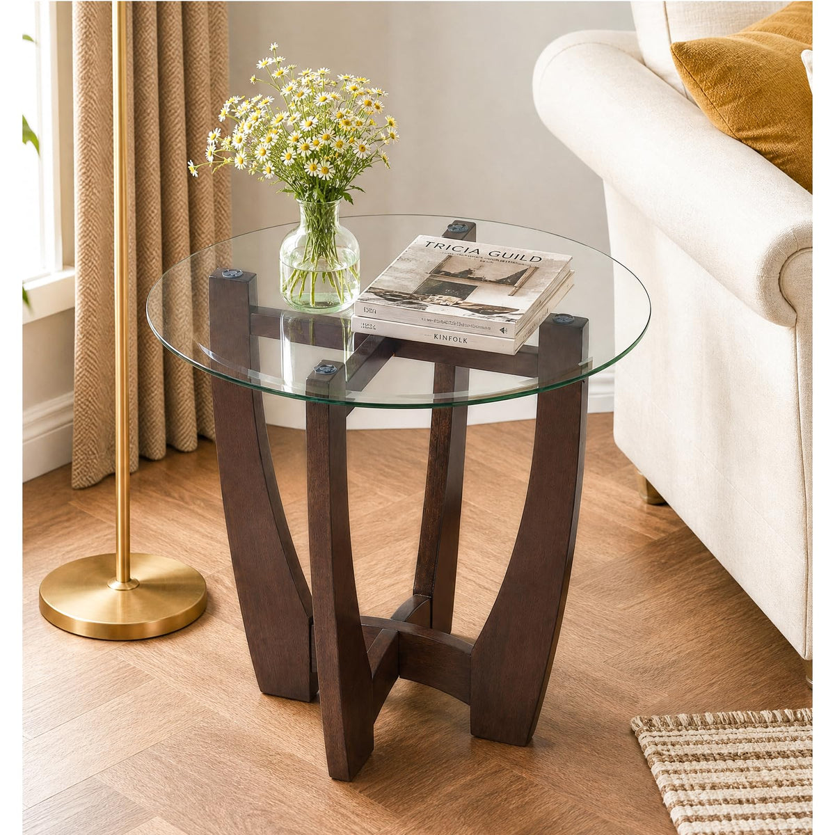 Round Glass End Table with Wood Base B45266