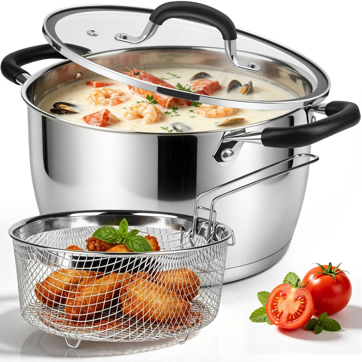 6 Quart Stainless Steel Deep Fryer Pot with Basket I6079