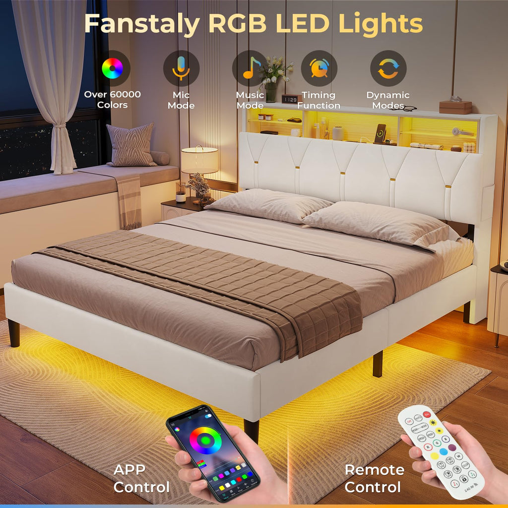Full Size Bed Frame with Storage Headboard and LED Lights Y77928