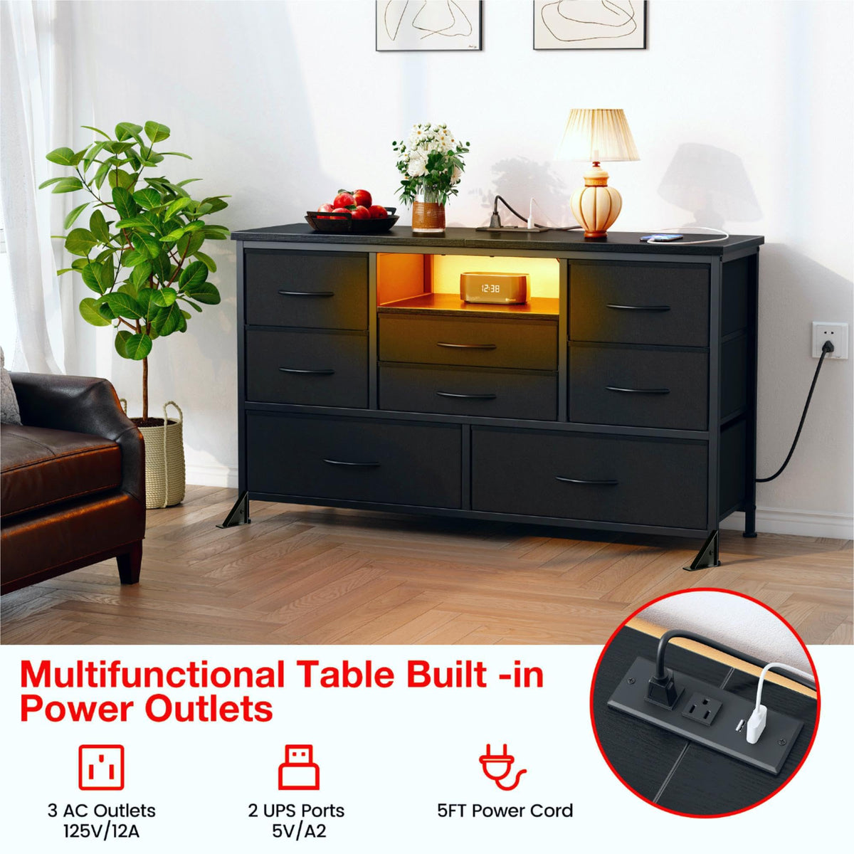 Black 8 Drawer Fabric Dresser TV Stand V98361