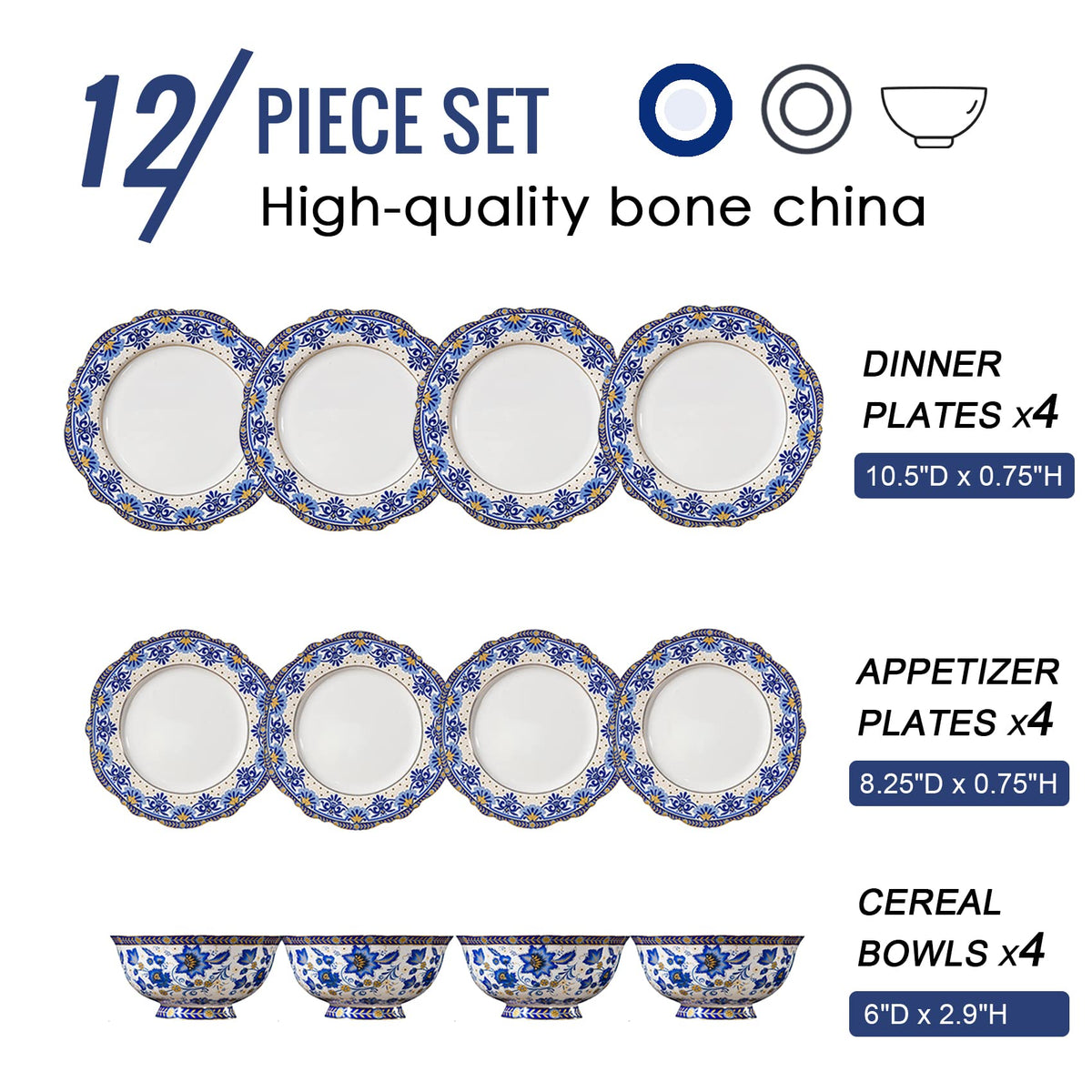 Bone China Tea Set for 6, 12 Pieces Blue and White O610