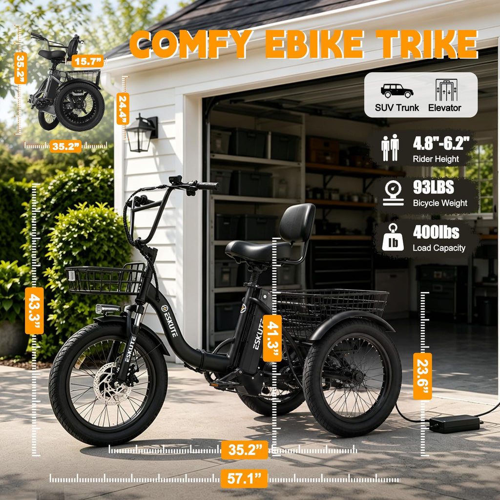 Electric Tricycle for Adults, 1200W Folding E-Trike, 48V 13Ah Battery, 18" Fat Tire 3-Wheel Electric Bike V22252