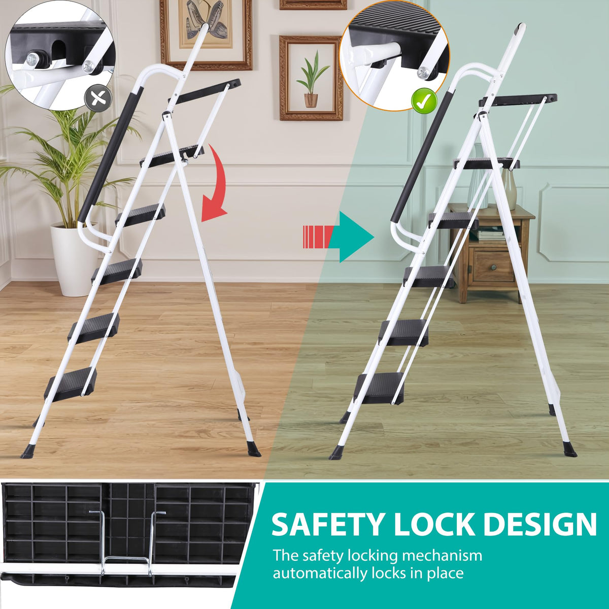 5 Step White Foldable Steel Step Stool with Handrail R9628