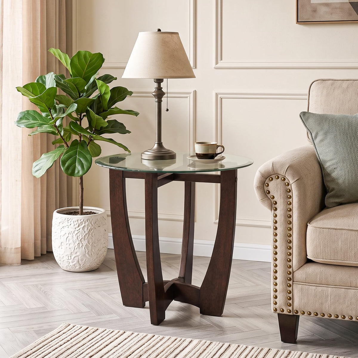 Round Glass End Table with Wood Base B45266