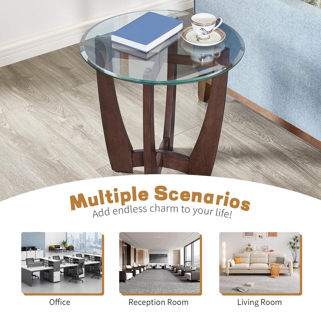 Round Glass End Table with Wood Base B45266