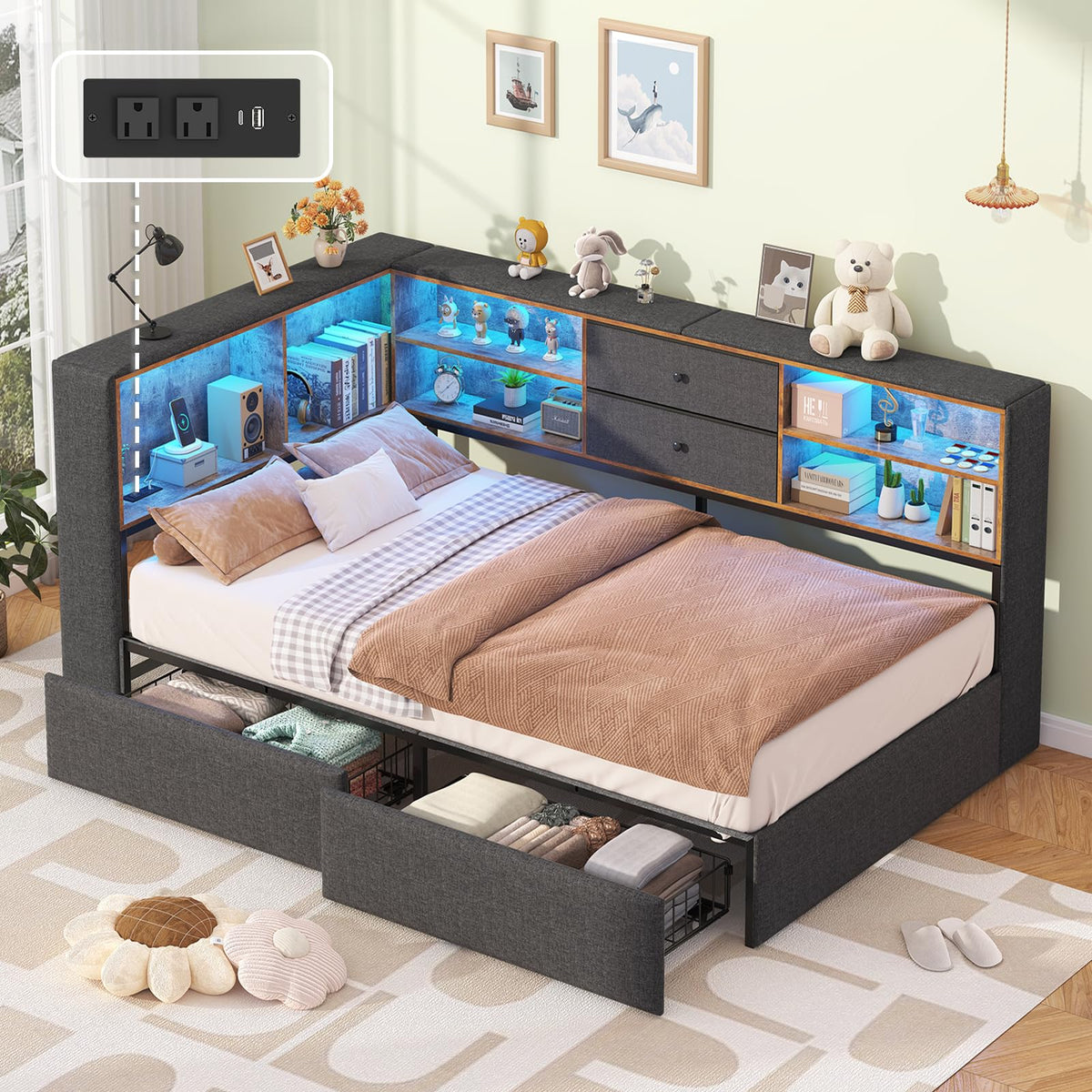 Twin Corner Bed Frame with Storage Drawers S680281
