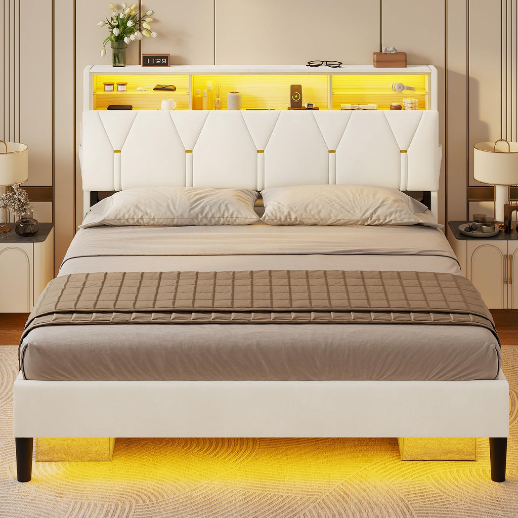 Full Size Bed Frame with Storage Headboard and LED Lights Y77928