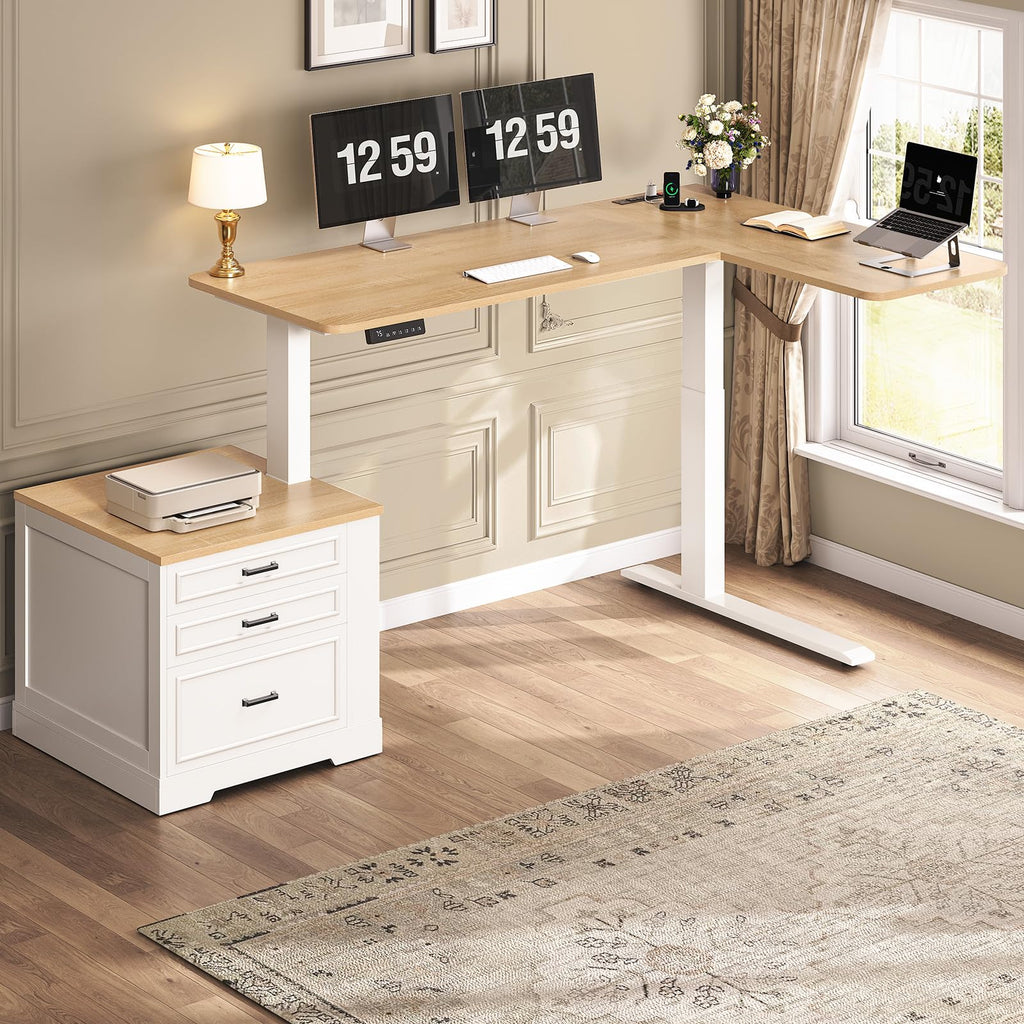 L Shaped Height Adjustable Standing Desk with 3 Drawers H263552