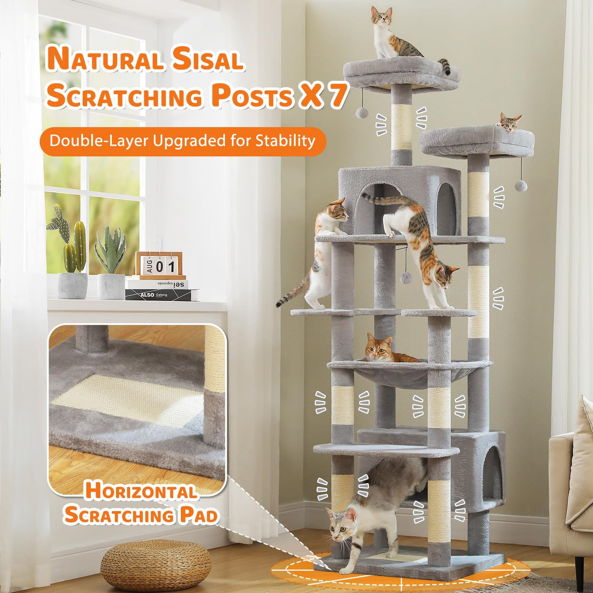 72" Cat Tree with Hammock & Condos G6873