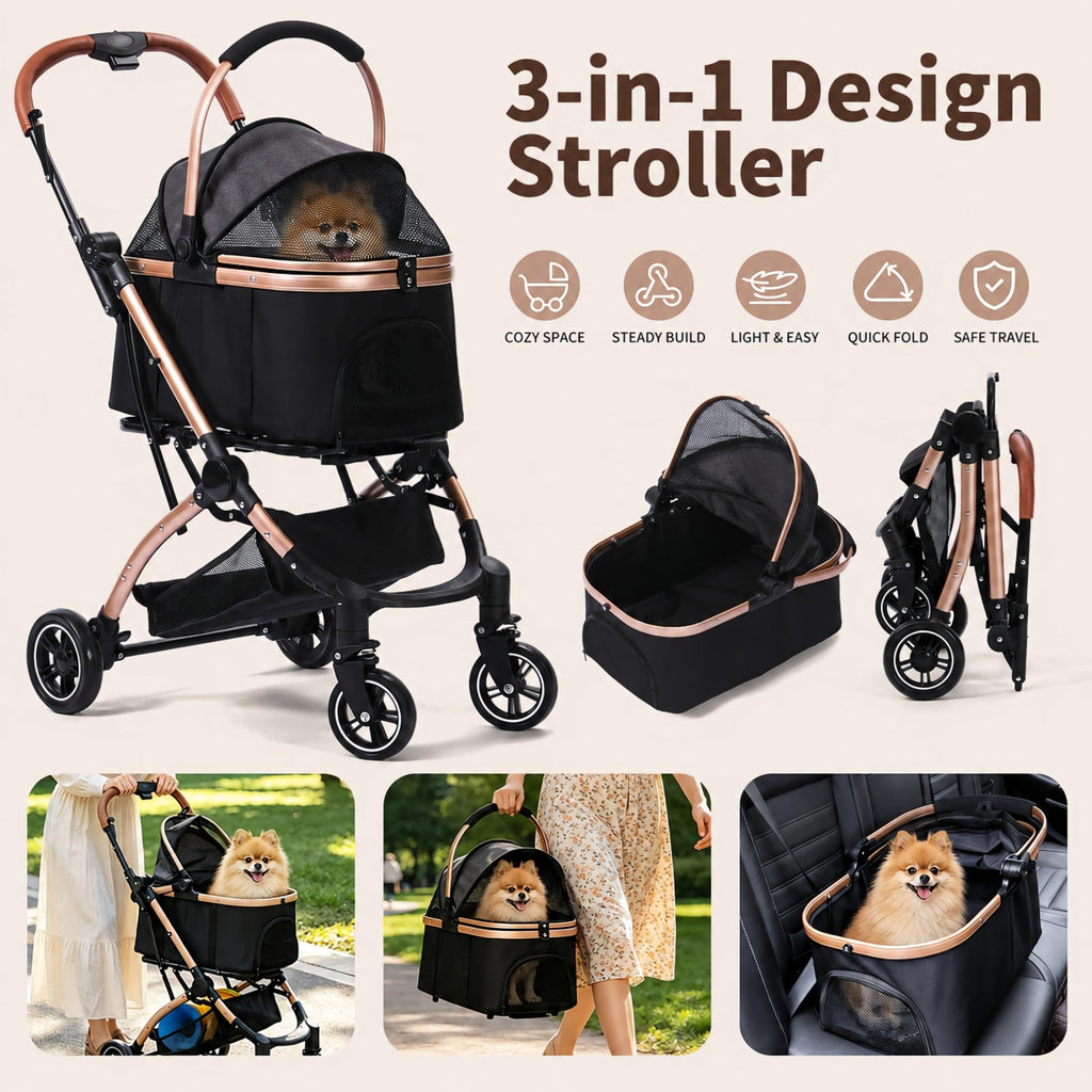 Black 3-in-1 Pet Stroller with Removable Carrier S28683