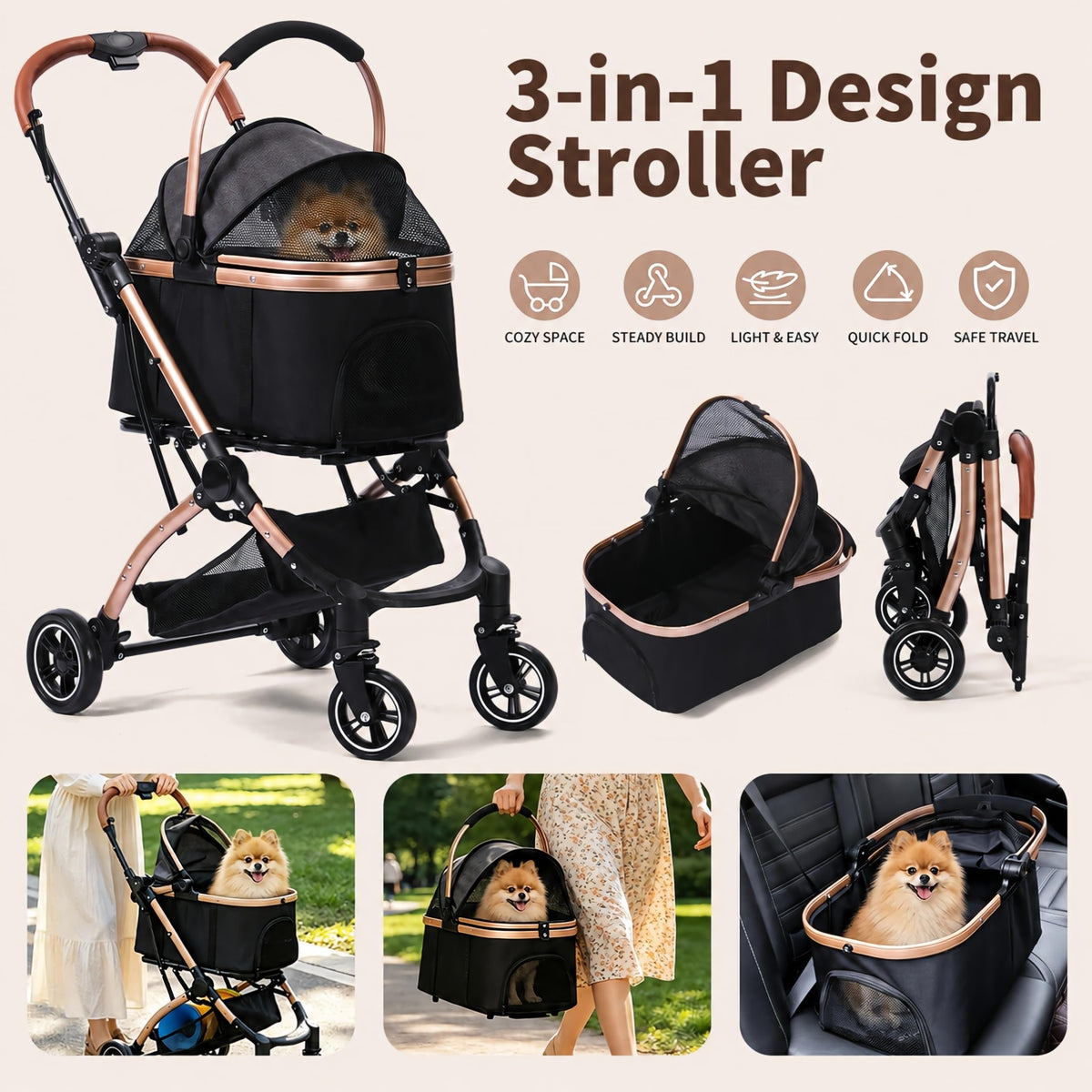 Black 3-in-1 Pet Stroller with Removable Carrier S28683